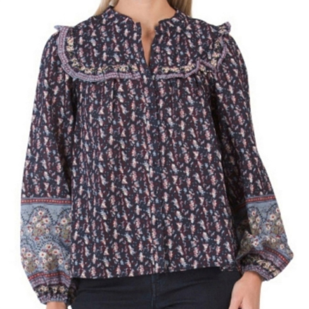 JOIE Prairiecore 100% Cotton Ditsy Floral Print Ruffle Yoke Buttondown Blouse